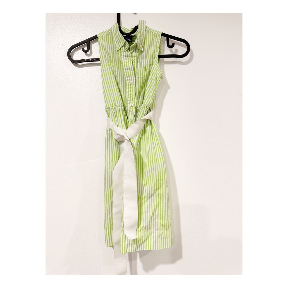 Ralph Lauren Girls Green White Striped Sleeveless Shirt Dress Sash Belt Size 6X